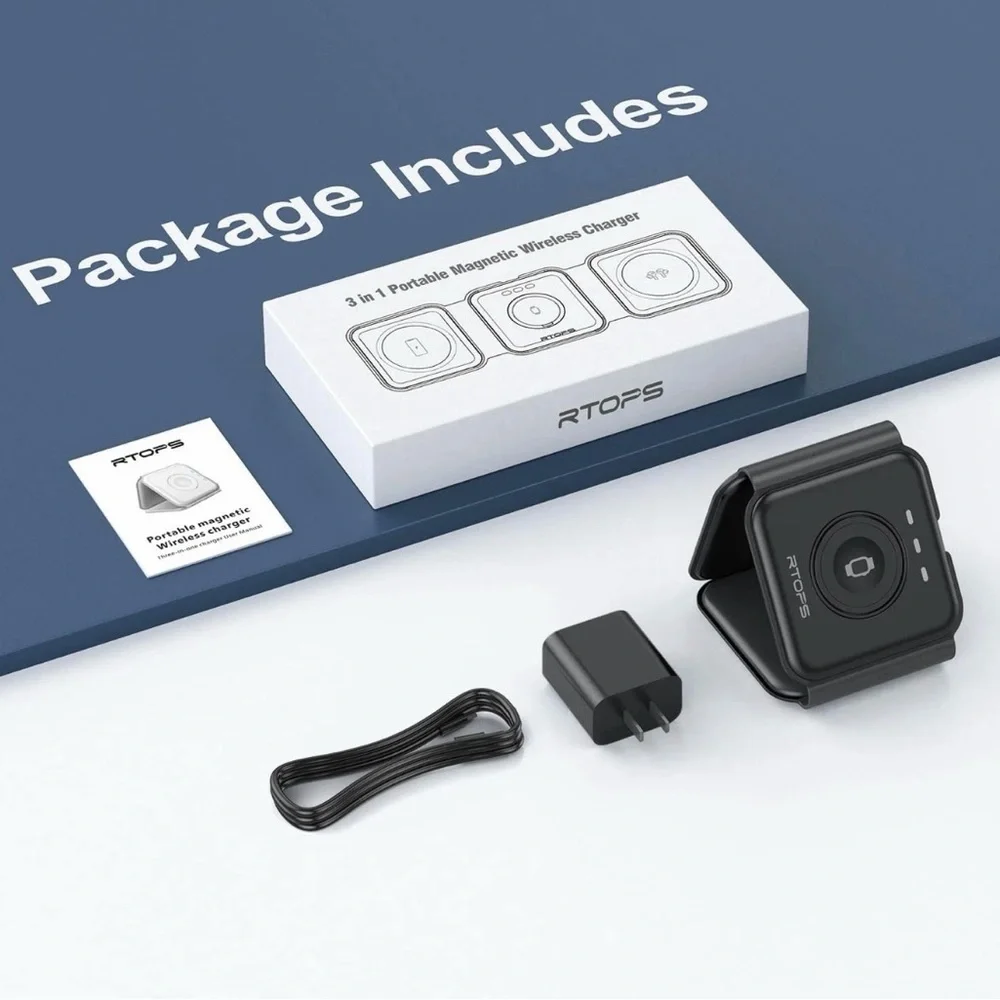 RTOPS 3-in-1 portable magnetic wireless charger in black